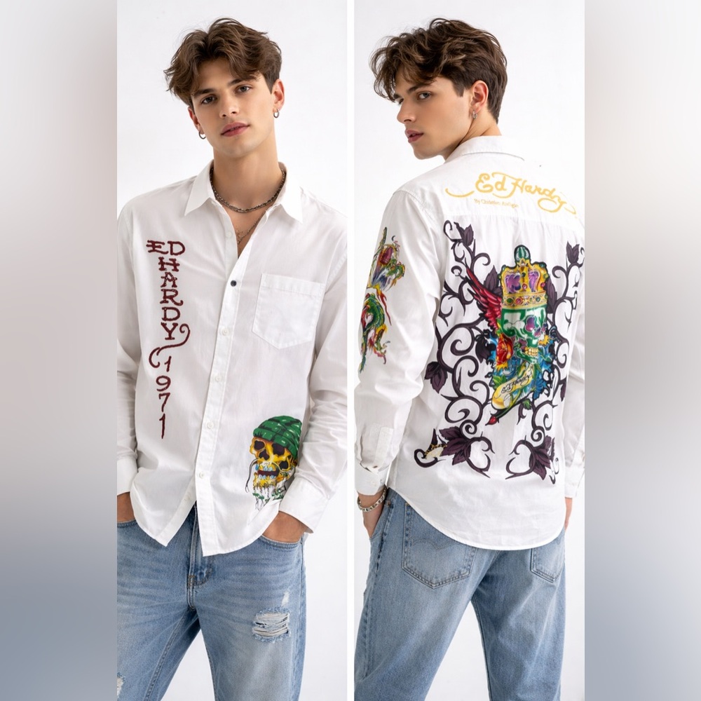 Ed Hardy Vintage 90s Y2K White‎ Cotton Graphic Print Embroidered Shirt Sz. L